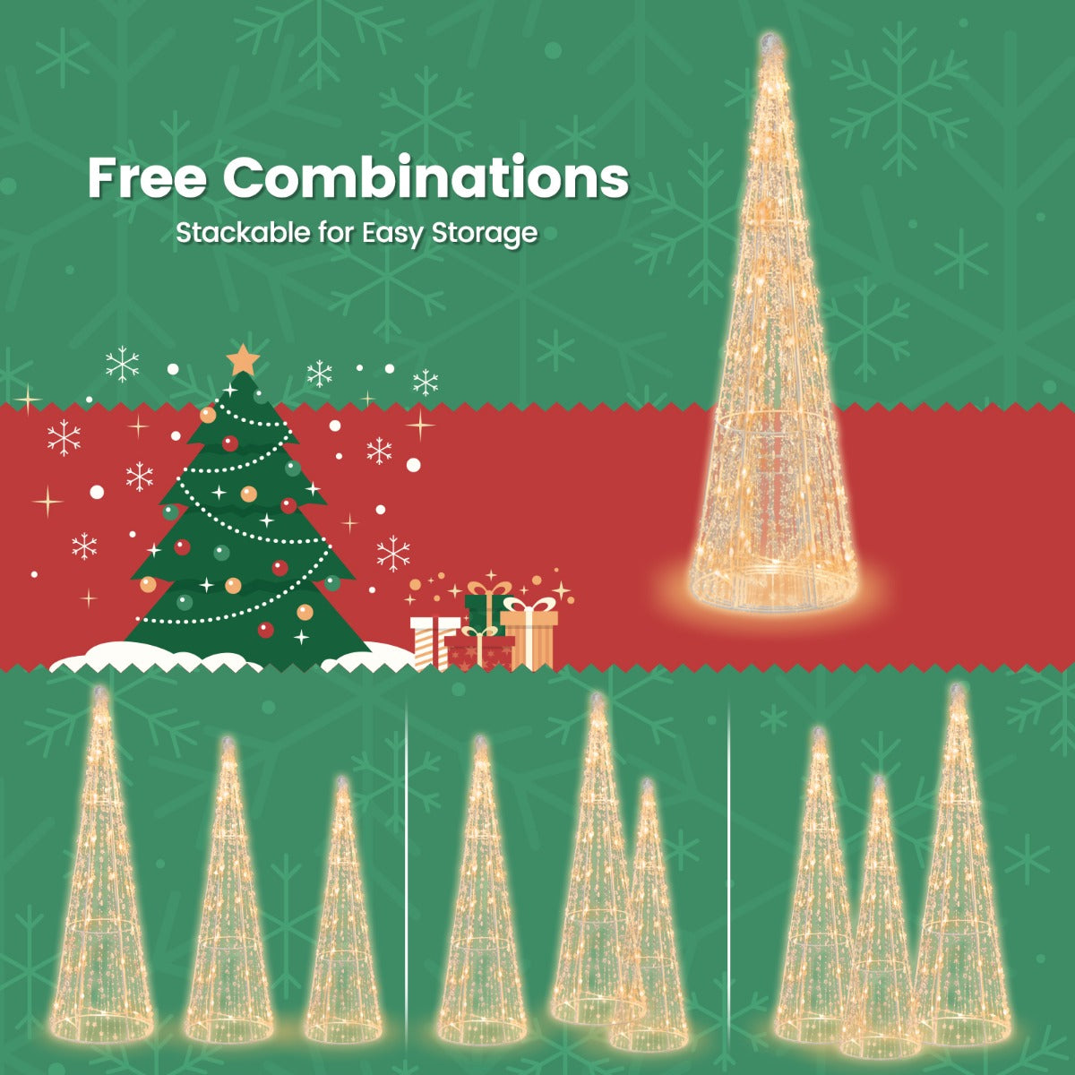 LIVSK Voorverlichte Kerstkegelbomen Set van 3 - 90 Warmwitte LED-lampjes - Sterrenslingers - Weerbestendig - Wit