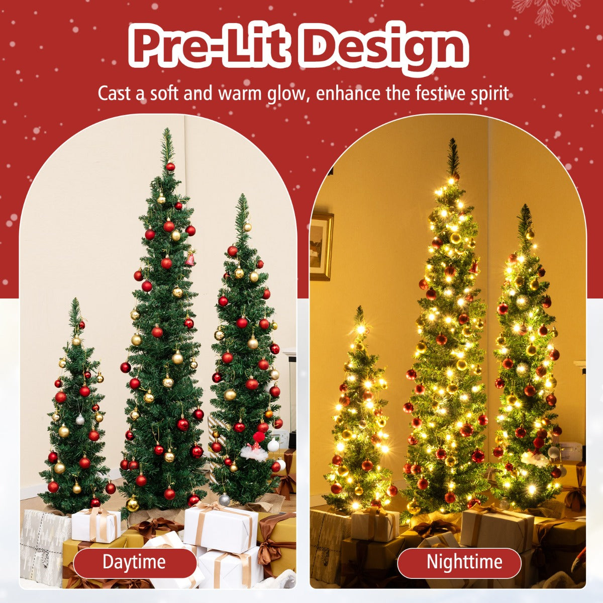 LIVSK Set van 3 Voorverlichte Kunstkerstbomen - Slank Ontwerp met Warmwitte LED - Vlamvertragend PVC - Hoogtes 90/120/150 cm -
