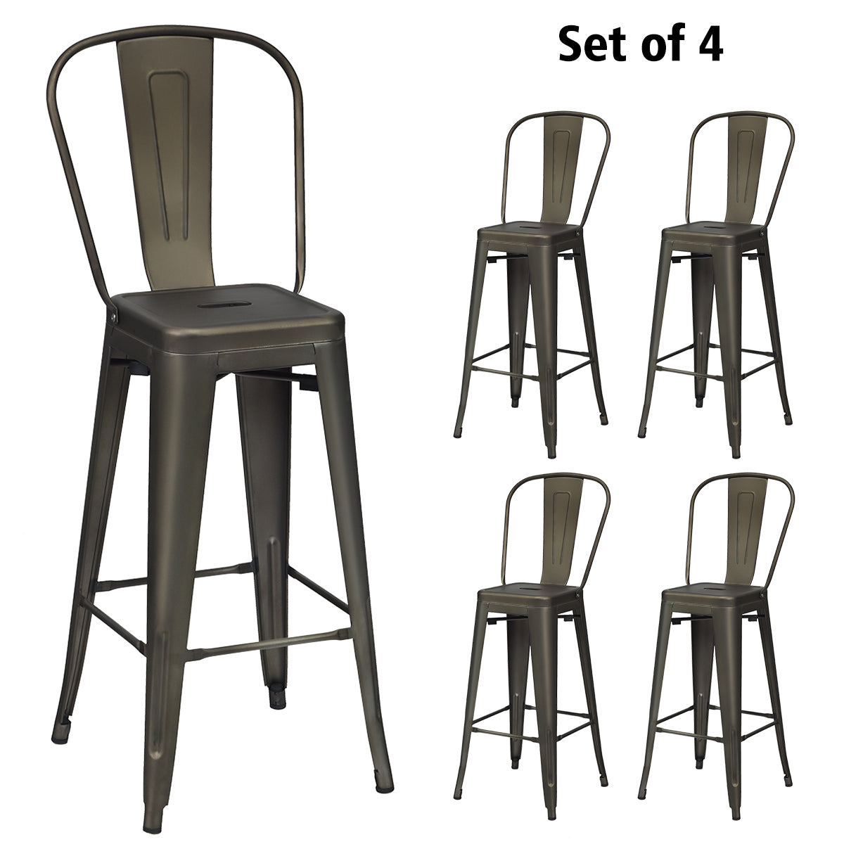Livsk costway set van 4 barkrukken stapelbaar zithoogte 76 cm bistrostoel met afneembare rugleuning en voetkussens keukenkruk van metaal vintage 1 1