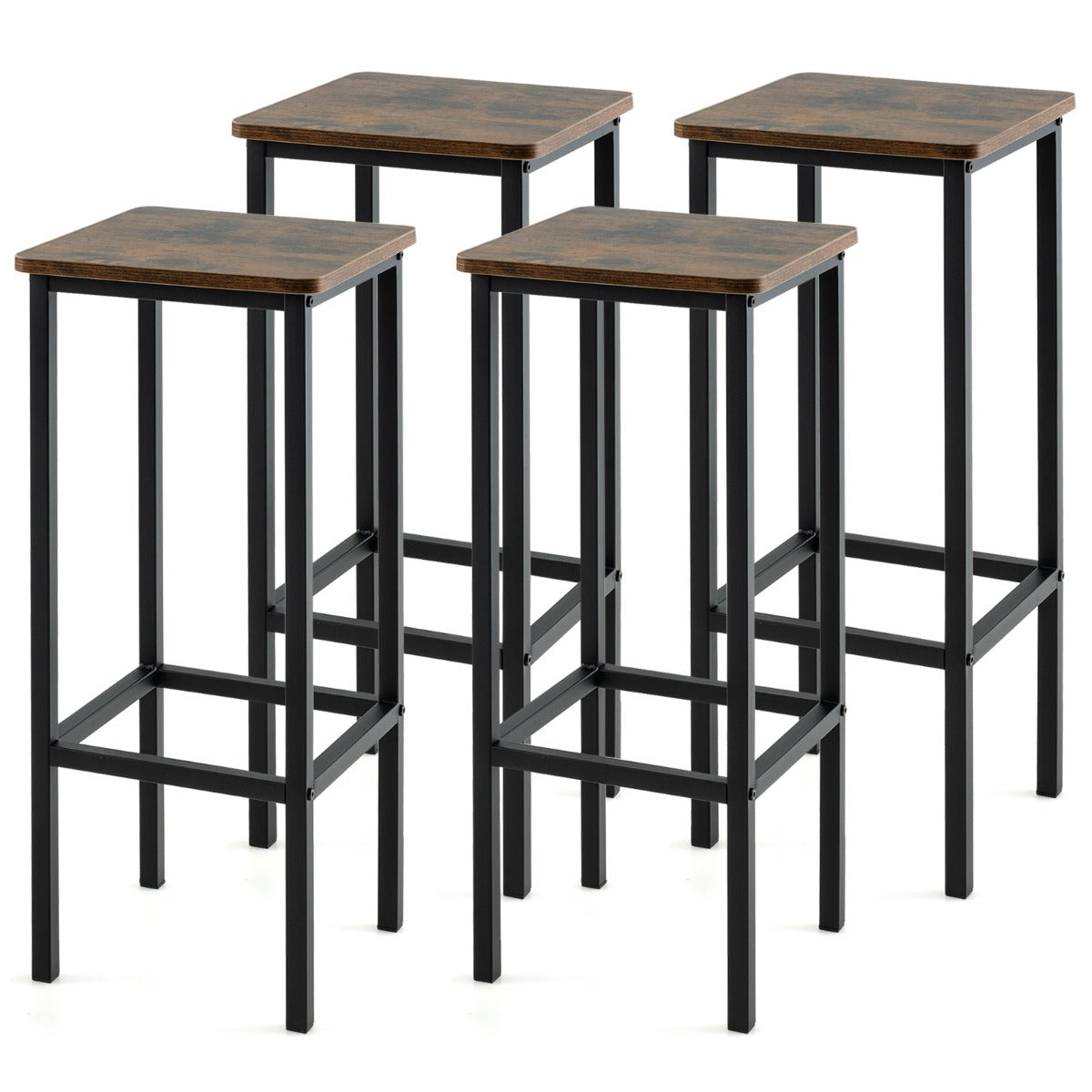 LIVSK Set van 4 Barkrukken - Stevig Metalen Frame - Antislipvoetjes - Comfortabele Voetsteunen - Tot 150 kg - Rustiek bruin, zwart