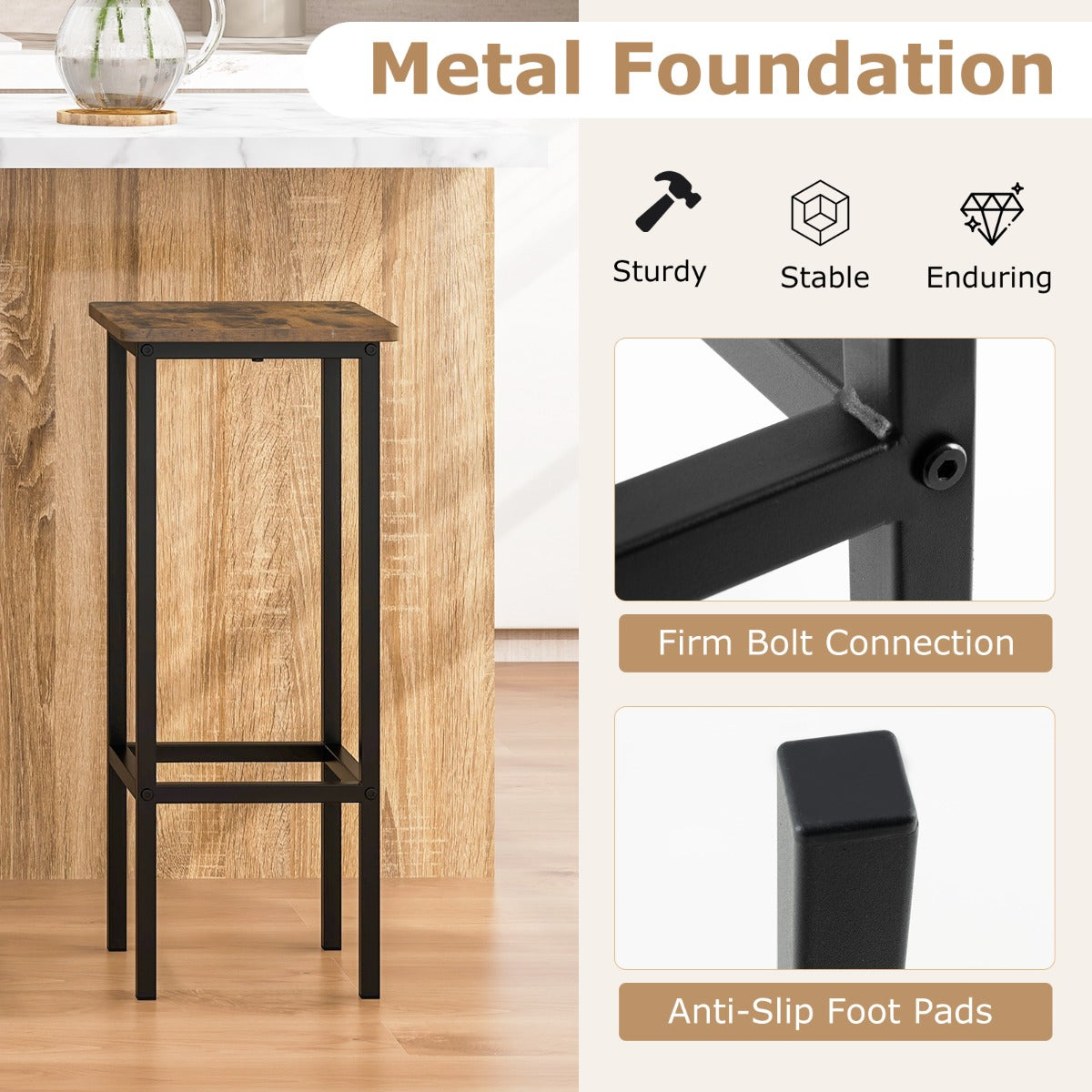 LIVSK Set van 4 Barkrukken - Stevig Metalen Frame - Antislipvoetjes - Comfortabele Voetsteunen - Tot 150 kg - Rustiek bruin, zwart