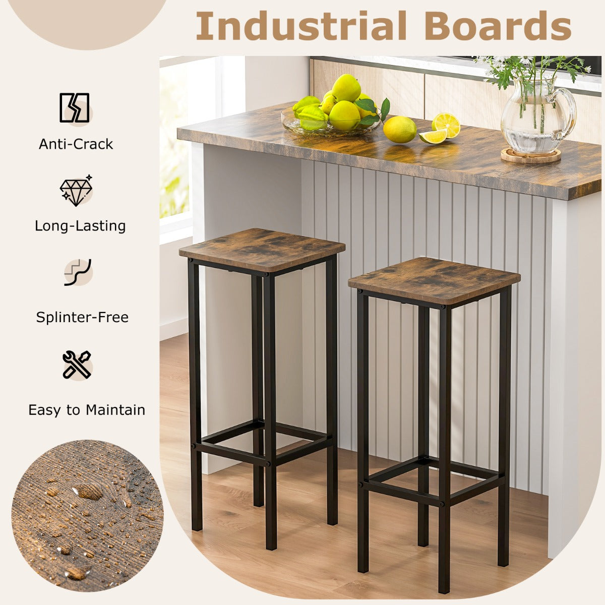 LIVSK Set van 4 Barkrukken - Stevig Metalen Frame - Antislipvoetjes - Comfortabele Voetsteunen - Tot 150 kg - Rustiek bruin, zwart