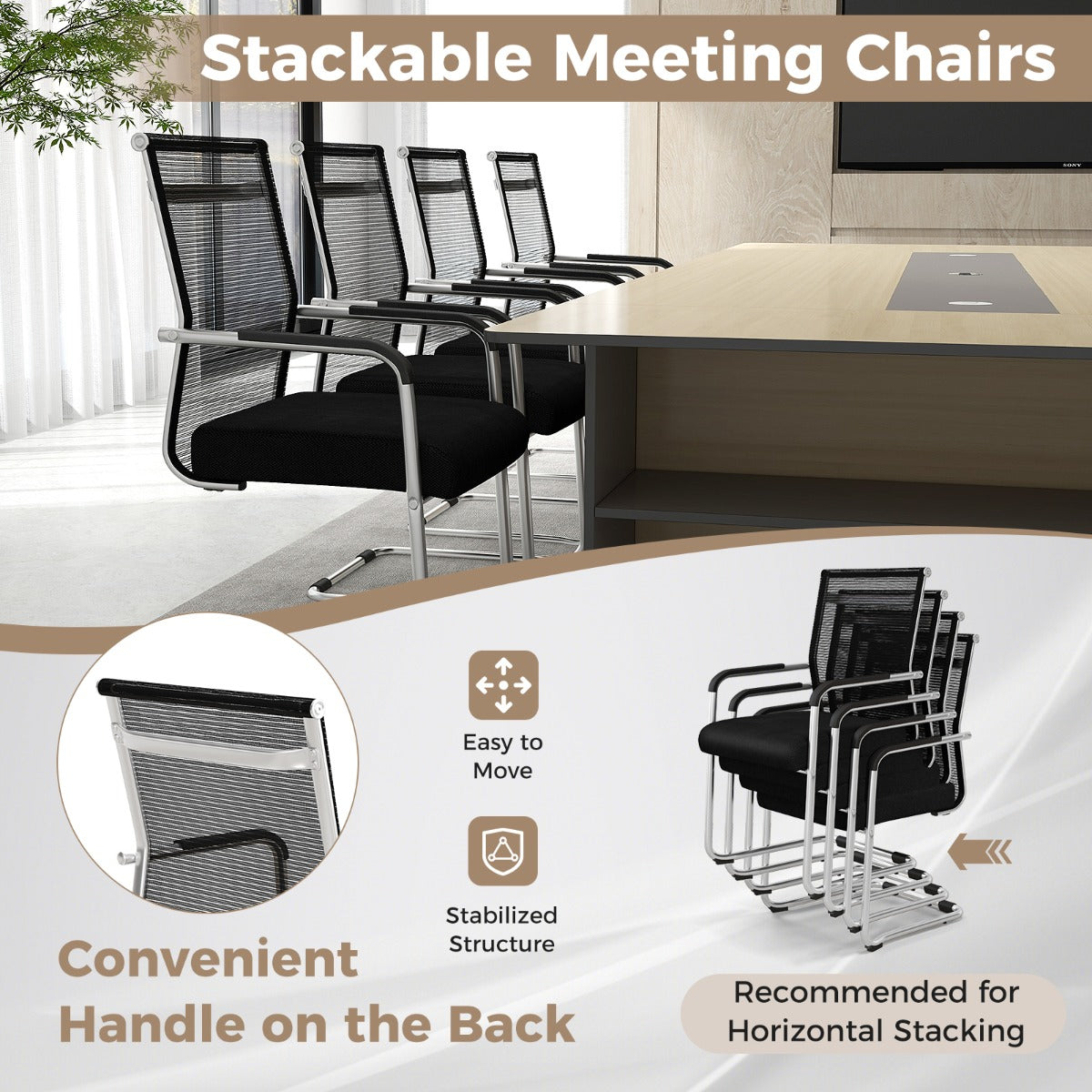Livsk costway set van 4 bureaustoelen en industrieel bureau conferentiestoelen met gaasbekleding en computerbureau 5