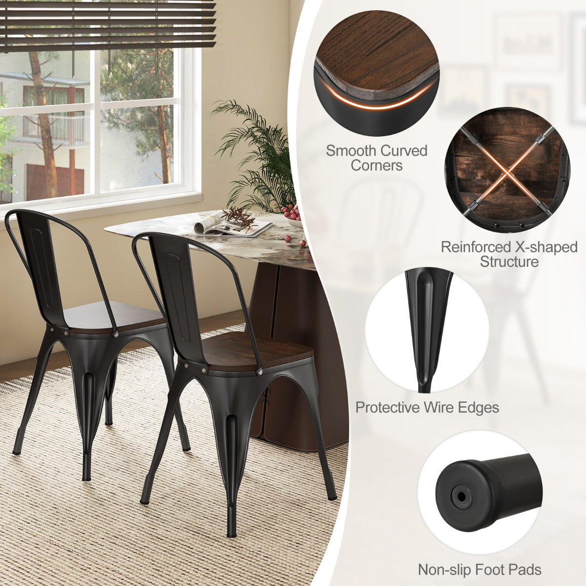 LIVSK Metalen Eetkamerstoelen - Ergonomisch en Stapelbaar - Versterkt Stalen Frame - Iepenhouten Zitting - Set van 4 - Zwart