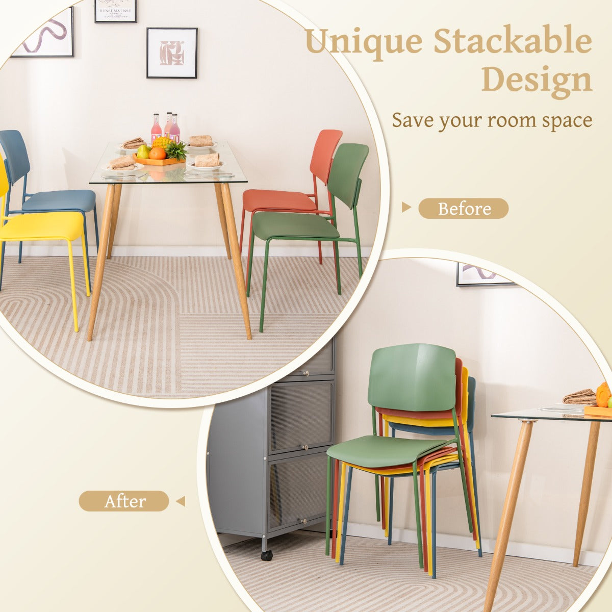 Livsk costway set van 4 eetkamerstoelen bijzetstoelen zonder armleuningen ergonomische rugleuning en brede zitting stapelbaar capaciteit 160 kg multicolor 3