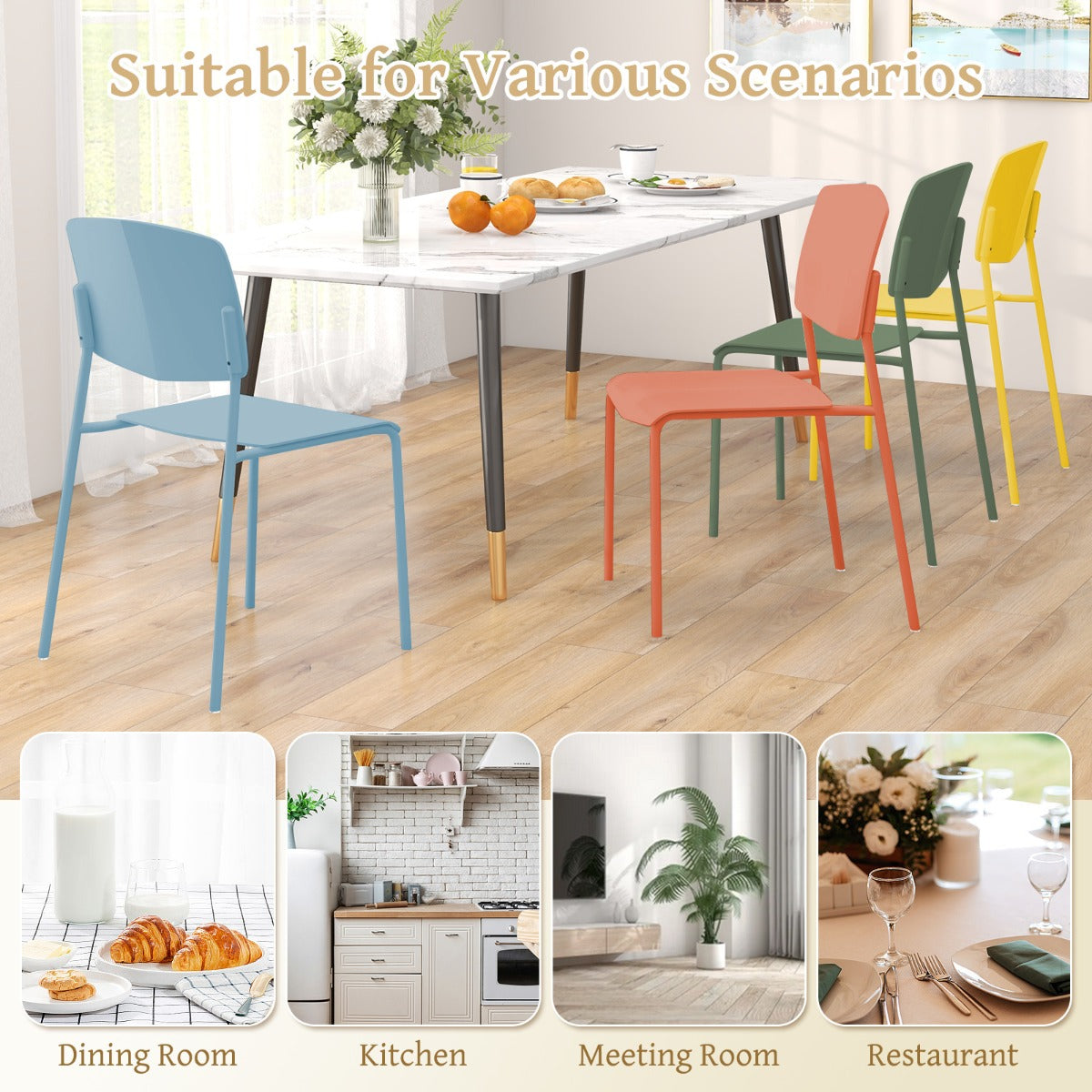 Livsk costway set van 4 eetkamerstoelen bijzetstoelen zonder armleuningen ergonomische rugleuning en brede zitting stapelbaar capaciteit 160 kg multicolor 4