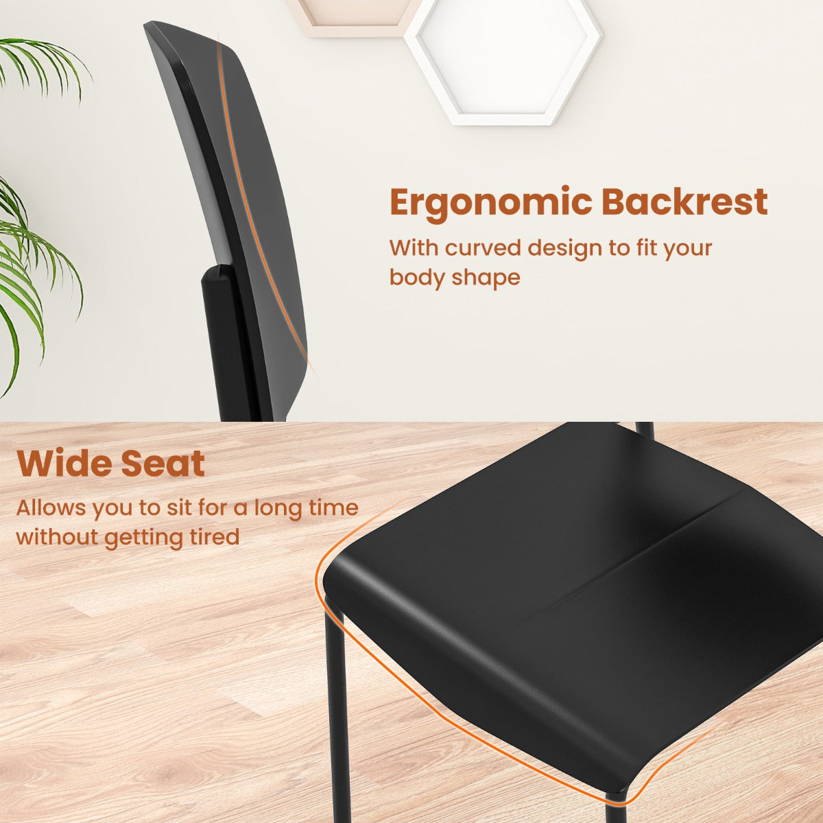 LIVSK Set van 4 Ergonomische Eetkamerstoelen - Stapelbaar - Antislip - Hoogwaardig PP - 160 kg - Zwart