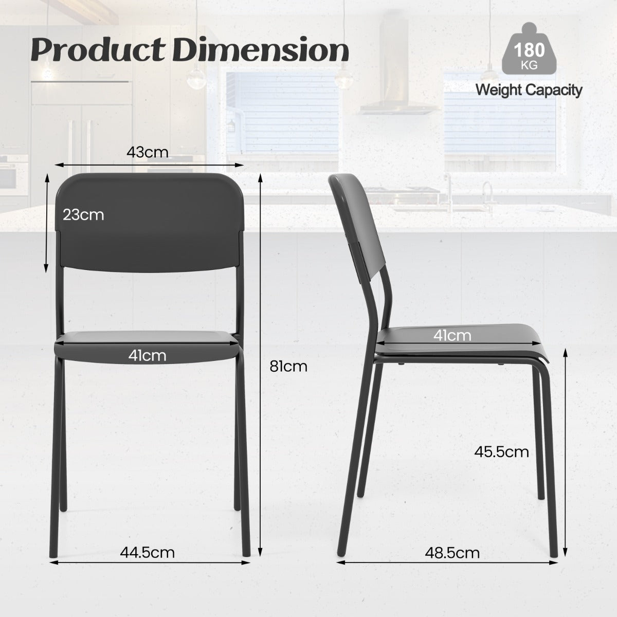 LIVSK Set van 4 Moderne Bijzetstoelen - Stevige Kunststof en Metalen Poten - Ergonomische Zitting - Ruimtebesparend - Zwart/Wit