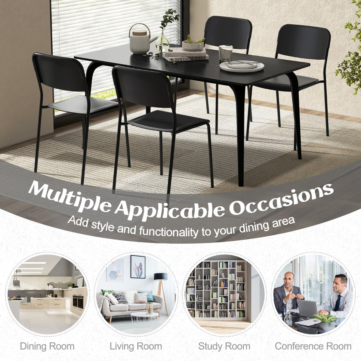 LIVSK Set van 4 Moderne Bijzetstoelen - Stevige Kunststof en Metalen Poten - Ergonomische Zitting - Ruimtebesparend - Zwart/Wit