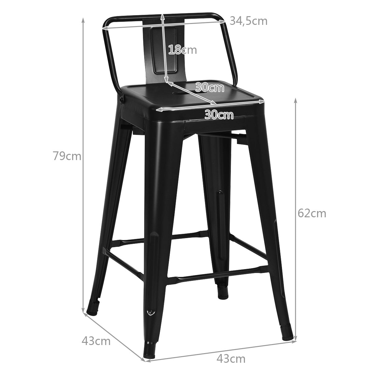 LIVSK Barkrukken Set van 4 - Stalen Constructie - Ergonomisch Design - Antislip Poten - Zithoogte 62 cm - Zwart