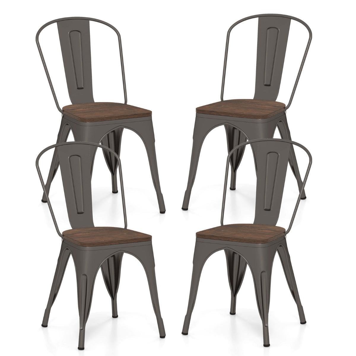 LIVSK Stapelbare Eetkamerstoelen - Metaal met Iepenhouten Zitting - Ergonomische Rugleuning - Tot 150 kg - Bruin