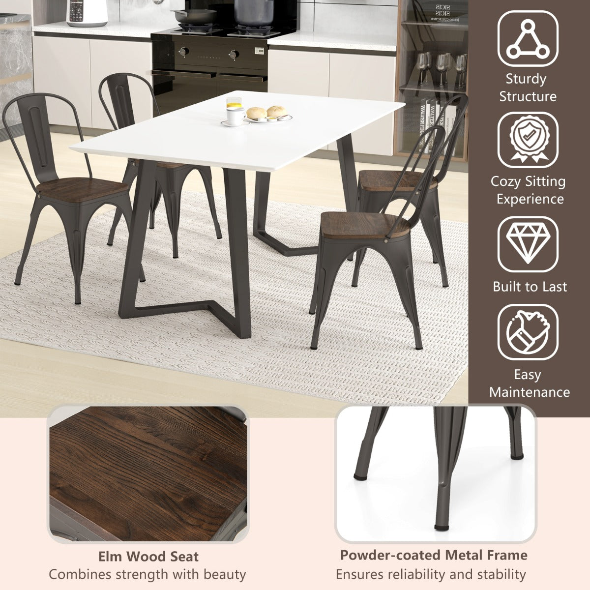 LIVSK Stapelbare Eetkamerstoelen - Metaal met Iepenhouten Zitting - Ergonomische Rugleuning - Tot 150 kg - Bruin