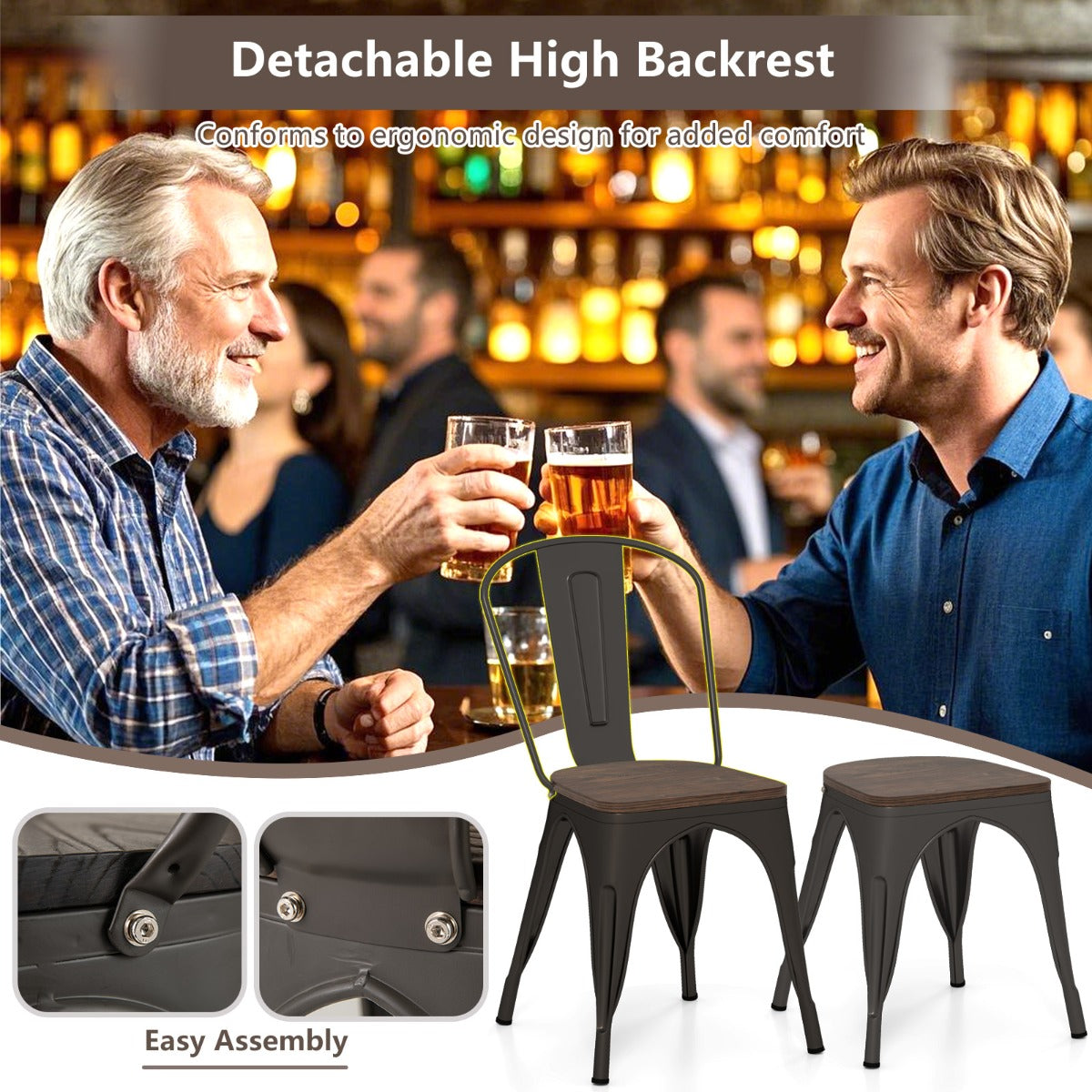 LIVSK Stapelbare Eetkamerstoelen - Metaal met Iepenhouten Zitting - Ergonomische Rugleuning - Tot 150 kg - Bruin