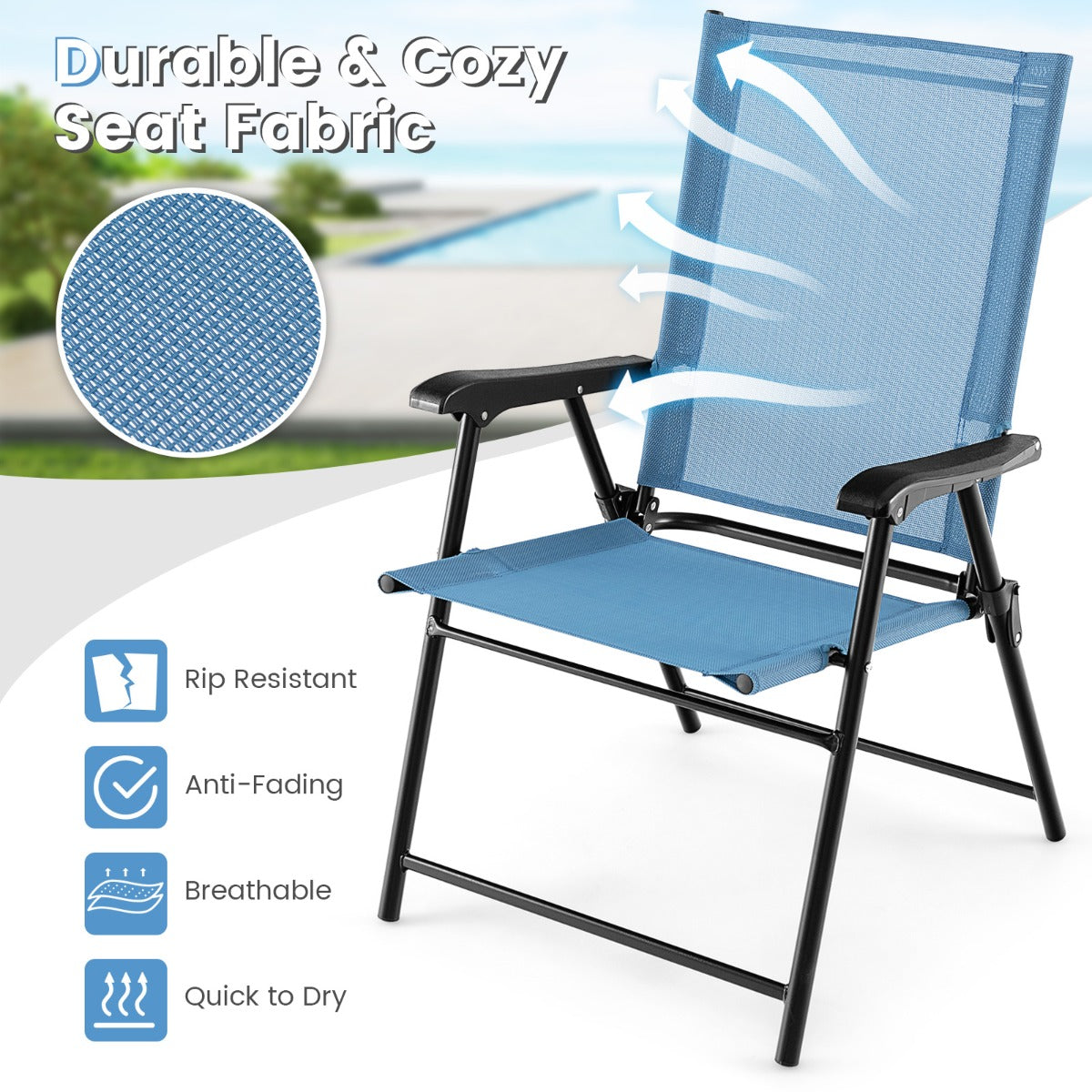 LIVSK Opvouwbare Terrasstoelen - Draagbaar & Stevig Metaal - Ademend & Ergonomisch - Set van 4 - Tot 150 kg - Blauw
