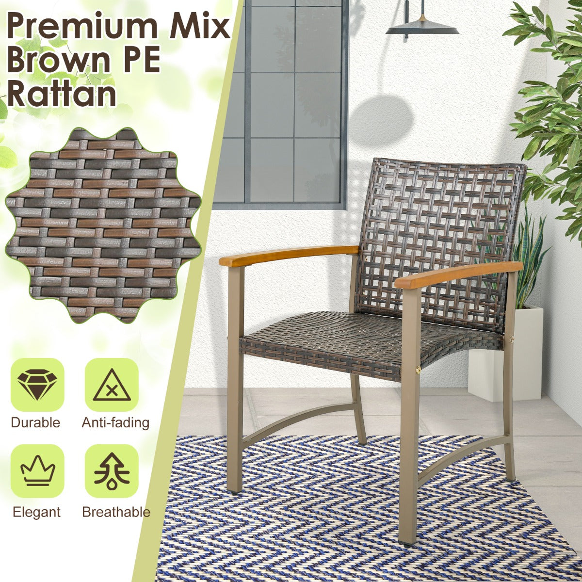 LIVSK Rotan Terrasstoelen Set van 4 - Ergonomisch Design - Robuust Metaal - Ademend - Tot 180 kg - 64 x 65 x 88 cm - Bruin