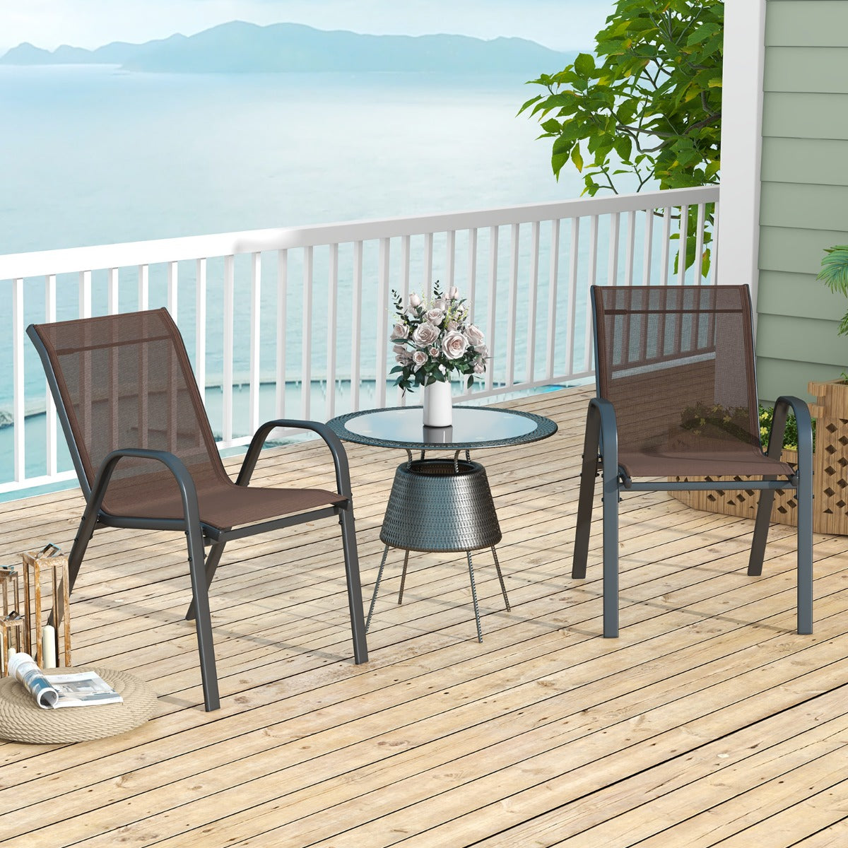 LIVSK Set van 4 Terrasstoelen - Ergonomische Rugleuning - Ademend en Scheurvast - Stabiel Metalen Frame - Tot 150 kg - Bruin