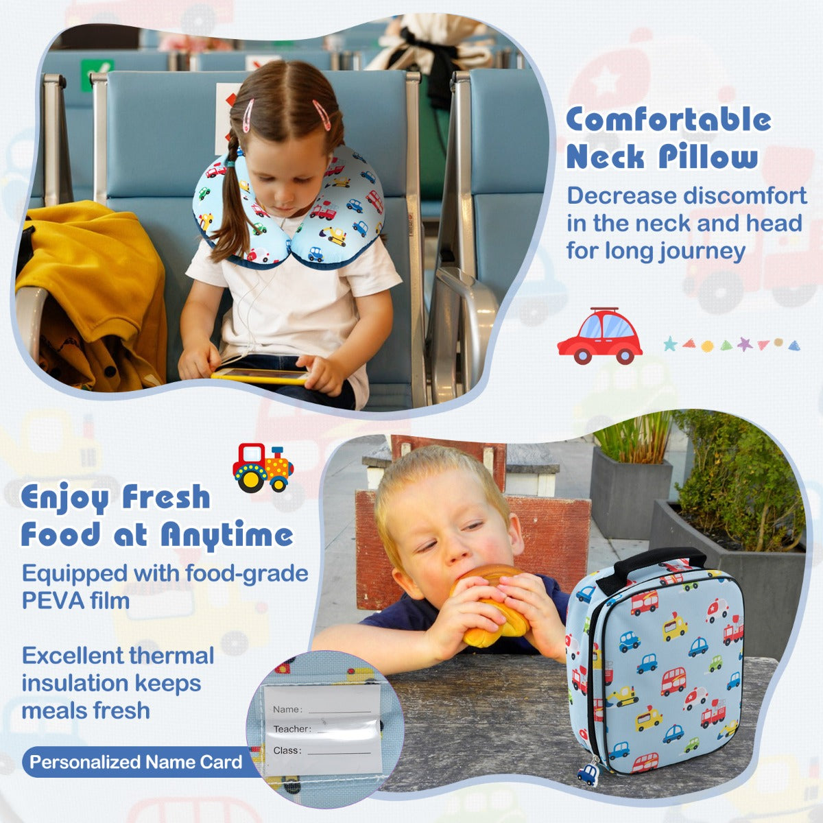 LIVSK Kinderbagageset - 16" Koffer, 13" Rugzak, Lunchtas, Nekkussen, Label - Waterdicht - 4 Wielen - Roze/Blauw