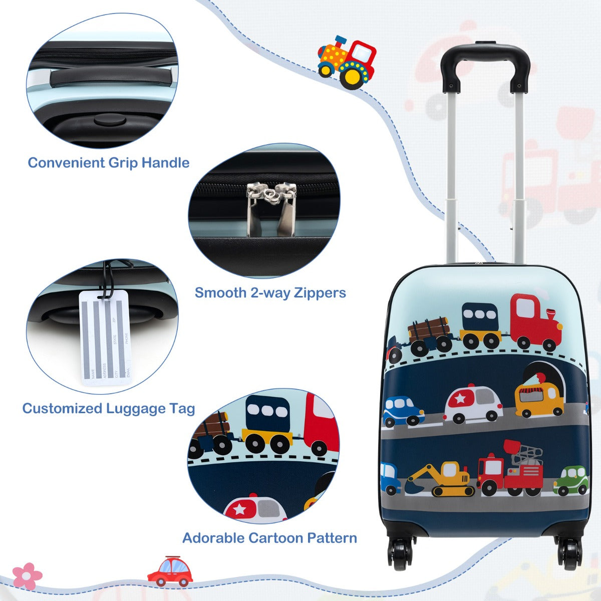 LIVSK Kinderbagageset - 16" Koffer, 13" Rugzak, Lunchtas, Nekkussen, Label - Waterdicht - 4 Wielen - Roze/Blauw