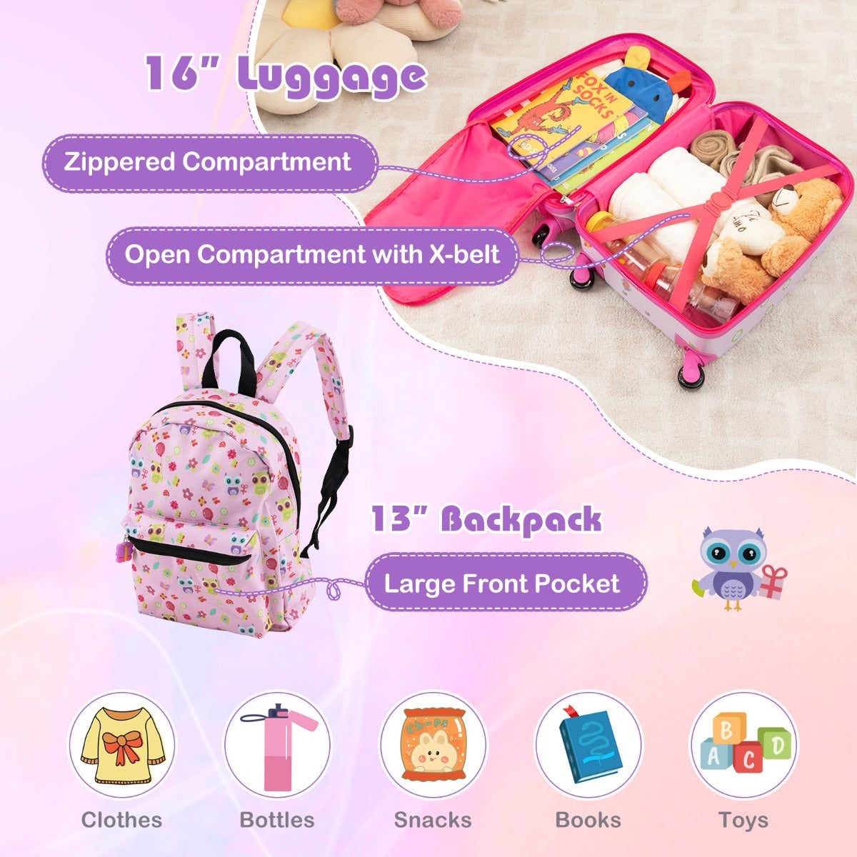 LIVSK Set van 5 Kinderkoffers - Inclusief Rugzak, Lunchtas en Nekkussen - Waterdicht en Slijtvast - Ideaal voor Reizen - Roze