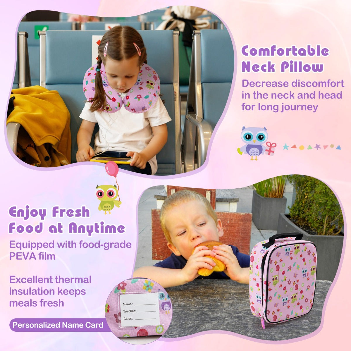 LIVSK Set van 5 Kinderkoffers - Inclusief Rugzak, Lunchtas en Nekkussen - Waterdicht en Slijtvast - Ideaal voor Reizen - Roze
