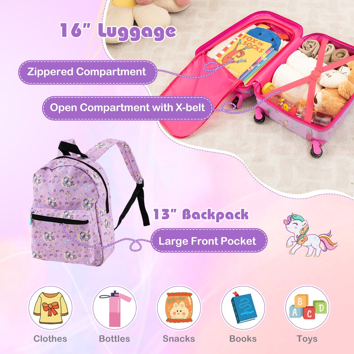 LIVSK Kinderbagageset - 5-delig met Koffer, Rugzak, Lunchtas, Nekkussen en Label - Duurzaam en Waterdicht - Roze