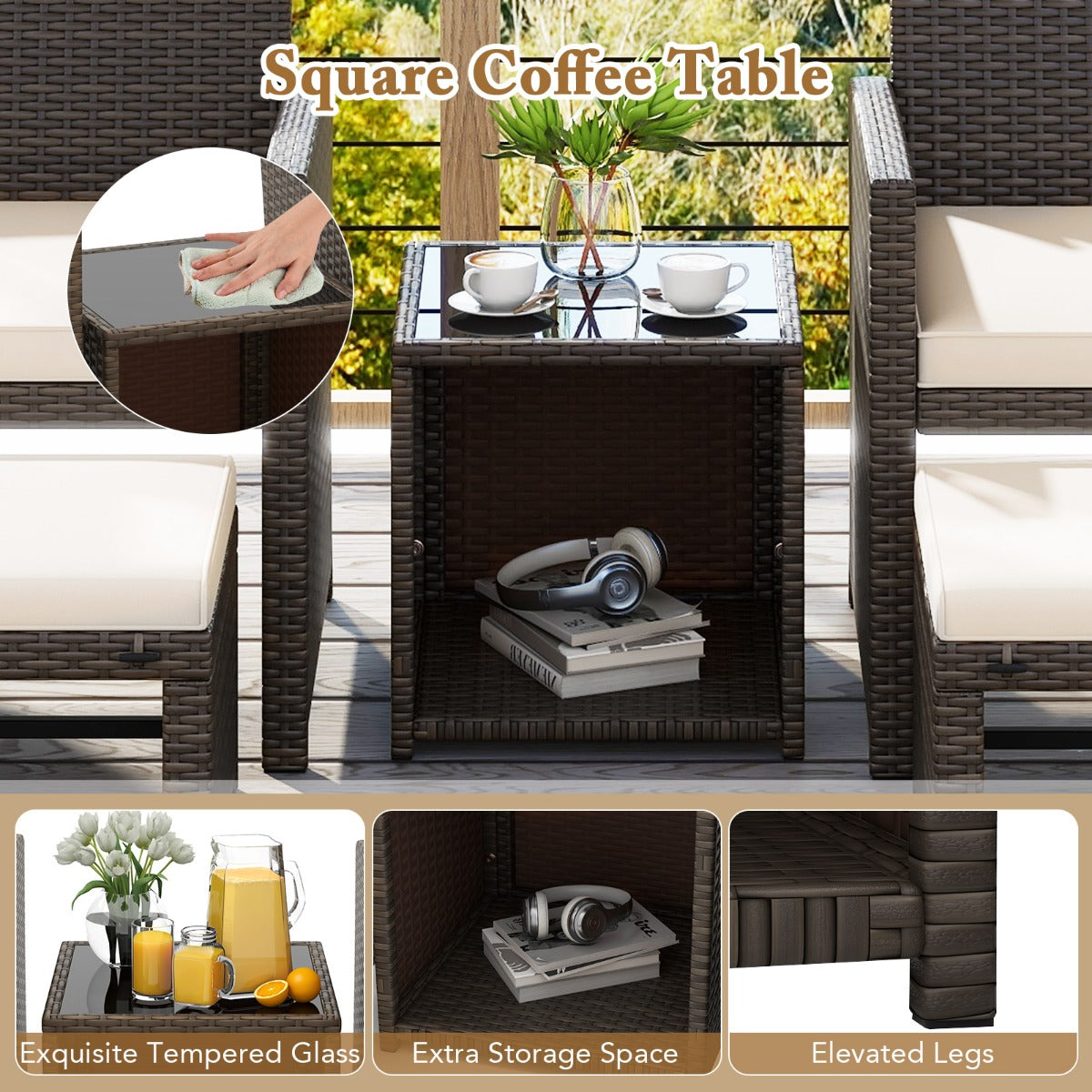 LIVSK 5-delige PE Rotan Tuinmeubelset - 2 Stoelen, 2 Voetenbanken, Salontafel - Weerbestendig - Comfortabele Kussens - Mengsel