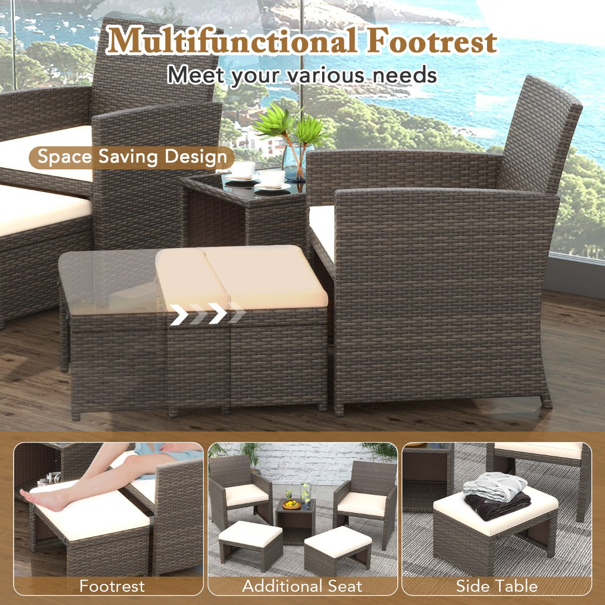LIVSK 5-delige PE Rotan Tuinmeubelset - 2 Stoelen, 2 Voetenbanken, Salontafel - Weerbestendig - Comfortabele Kussens - Mengsel