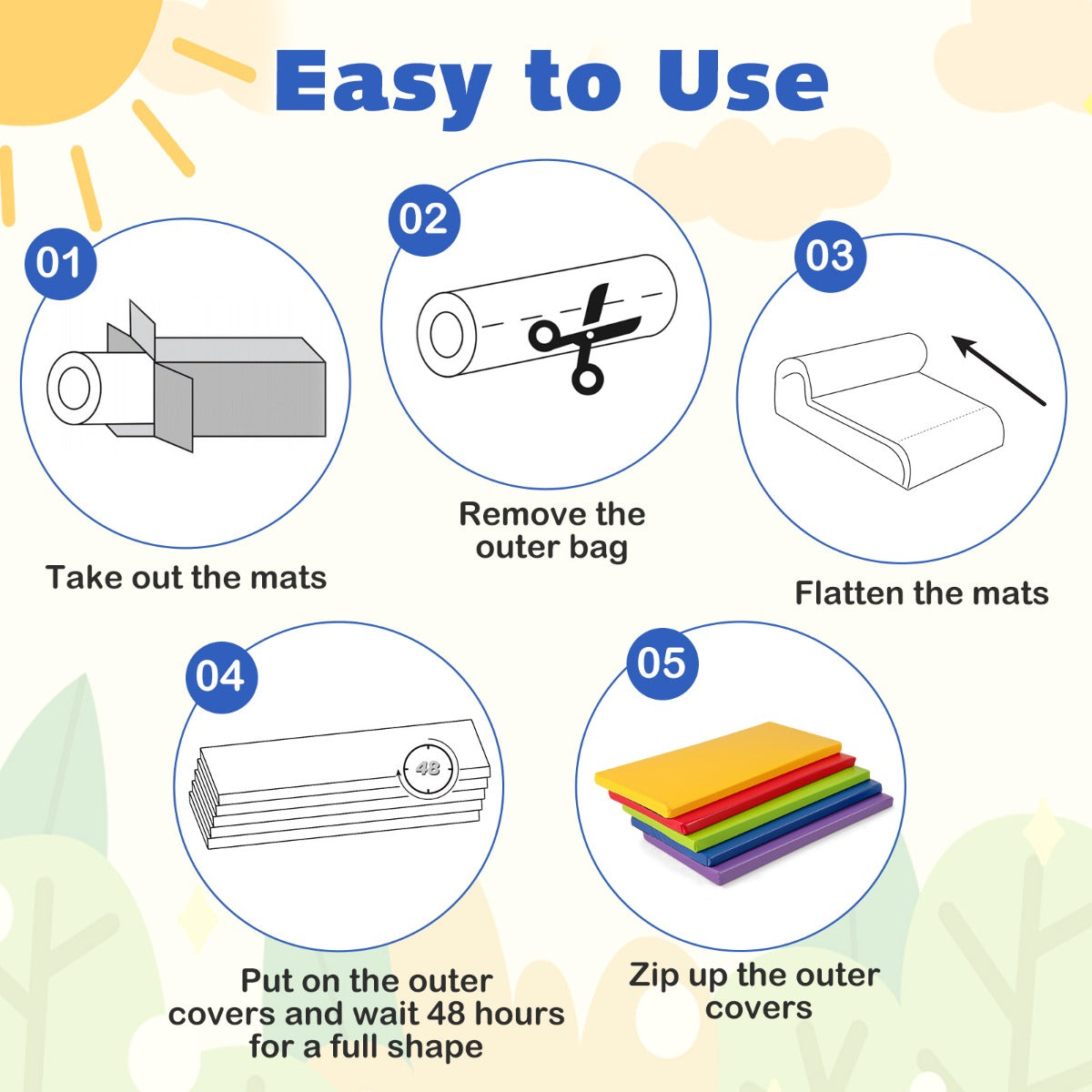 Livsk costway set van 5 rustmatten voor kinderen dikke schuimmatras voor op de grond draagbare slaapmatten in regenboogkleuren van kunstleer 2