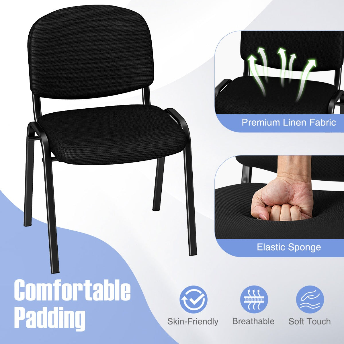 LIVSK Wachtkamerstoelen - Stapelbare Set van 5 - Ergonomische Ondersteuning - Luxe Bekleding - Draagvermogen tot 150 kg - Zwart