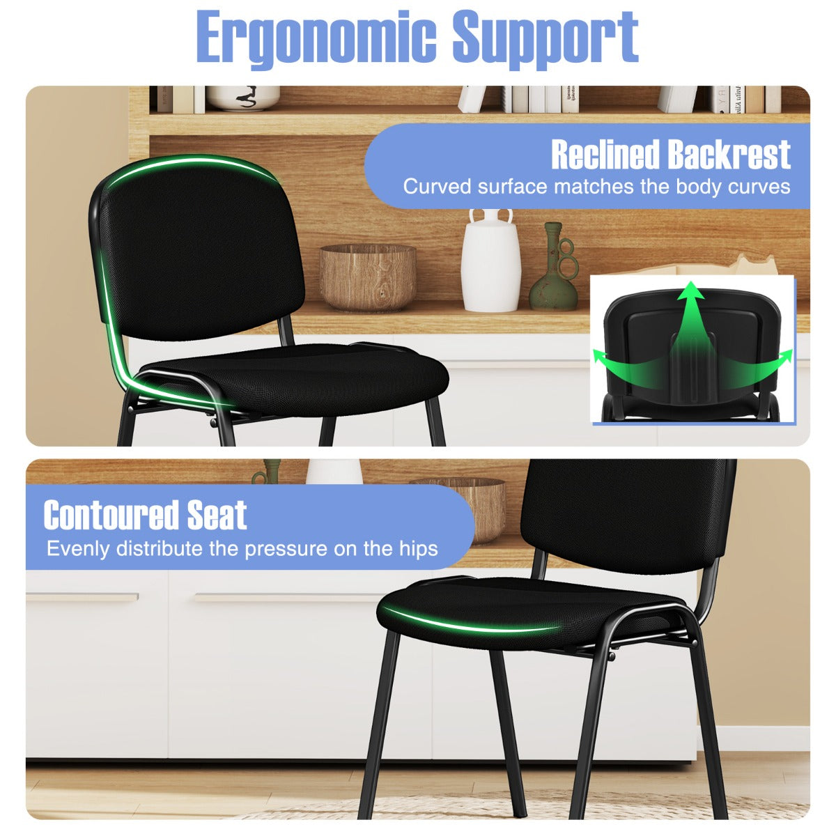 LIVSK Wachtkamerstoelen - Stapelbare Set van 5 - Ergonomische Ondersteuning - Luxe Bekleding - Draagvermogen tot 150 kg - Zwart
