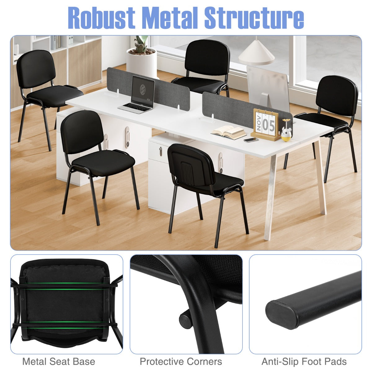 LIVSK Wachtkamerstoelen - Stapelbare Set van 5 - Ergonomische Ondersteuning - Luxe Bekleding - Draagvermogen tot 150 kg - Zwart