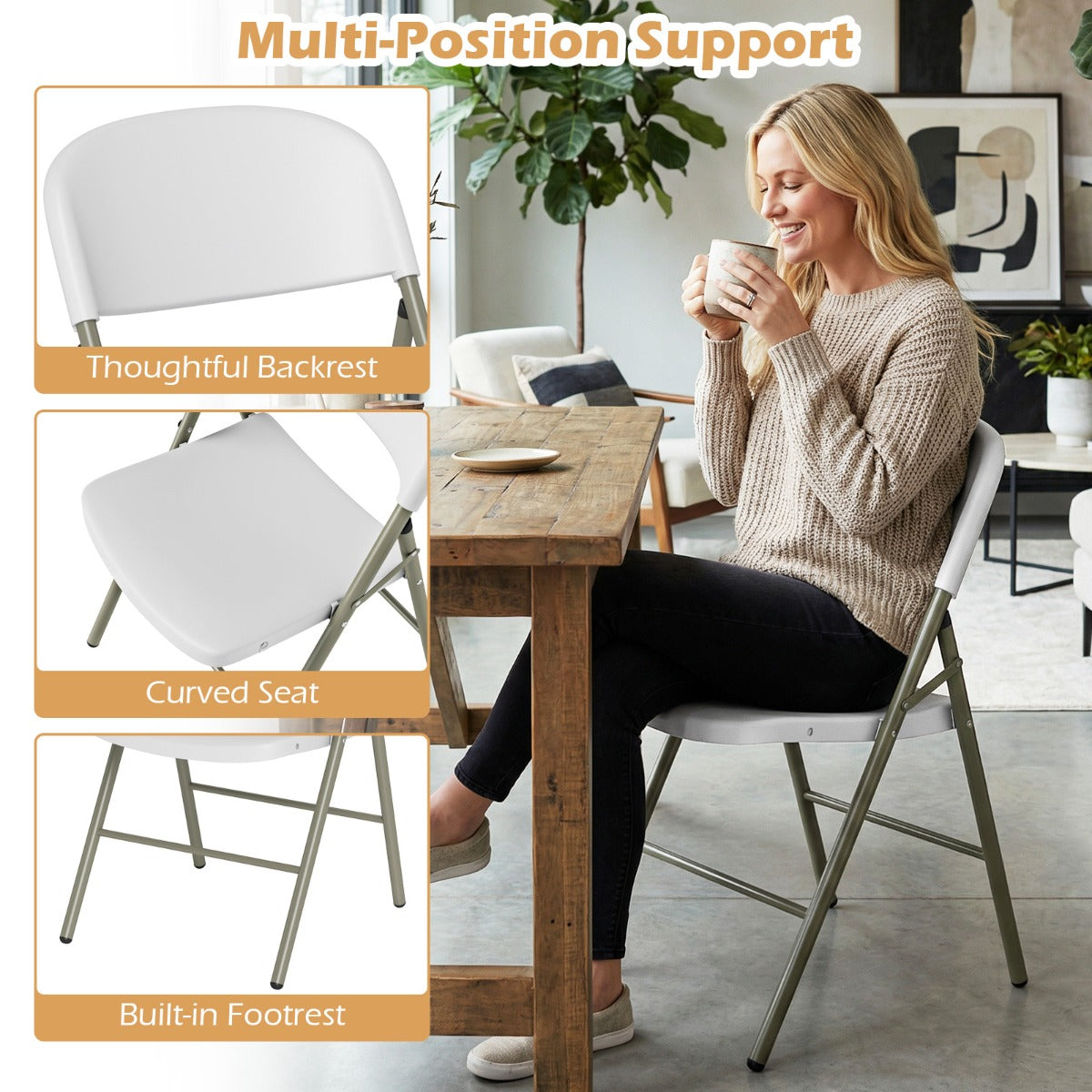 Livsk costway set van 6 kunststof klapstoelen opvouwbare balkonstoelen met rugleuning en stevig metalen frame wit