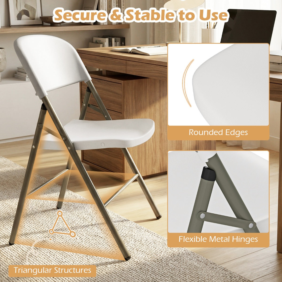 Livsk costway set van 6 kunststof klapstoelen opvouwbare balkonstoelen met rugleuning en stevig metalen frame wit