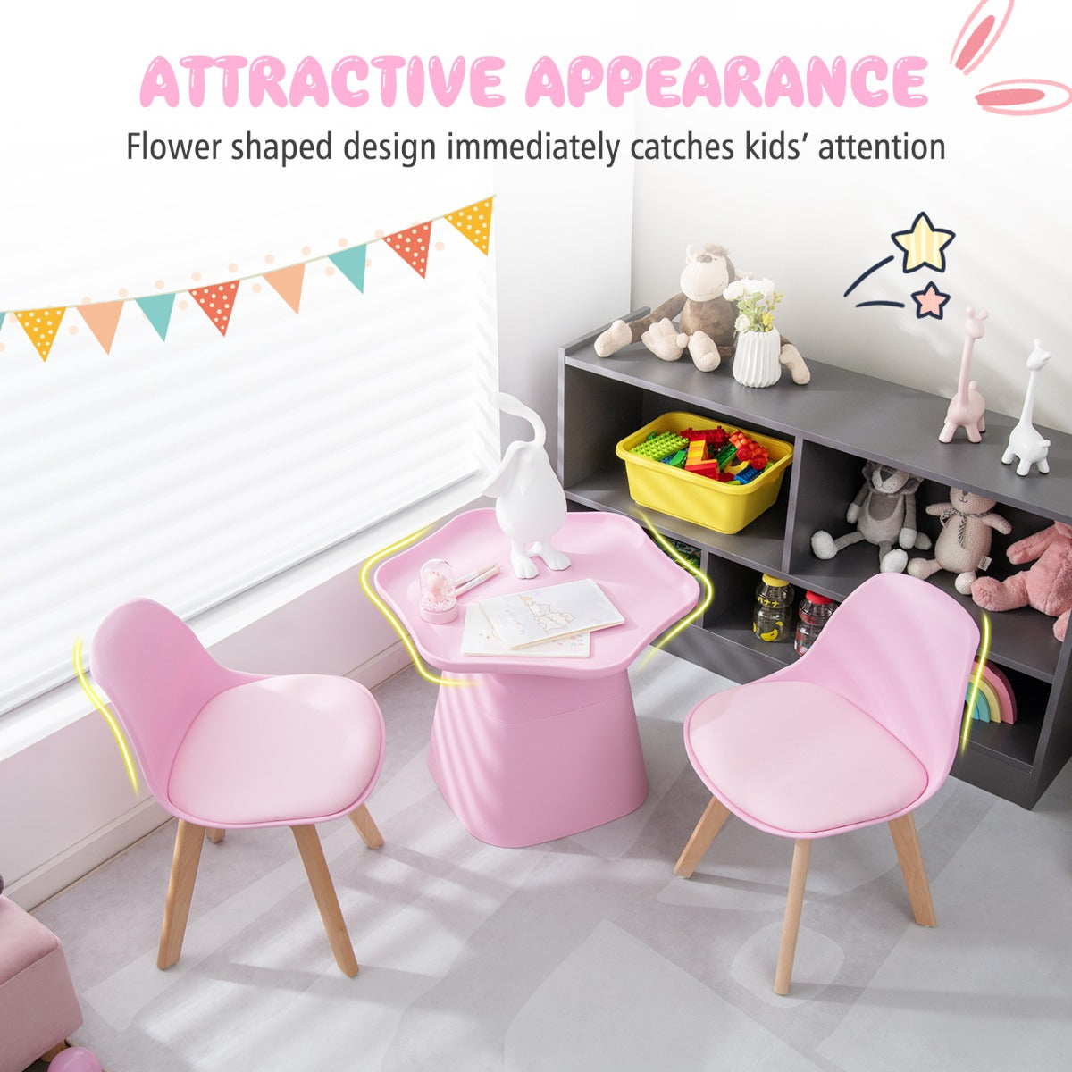 LIVSK Bloemvormige Kindertafel en Stoelenset - Ergonomische Stoelen - Hol Dienblad - Duurzaam Beukenhout - Voor 3-8 jaar - Roze
