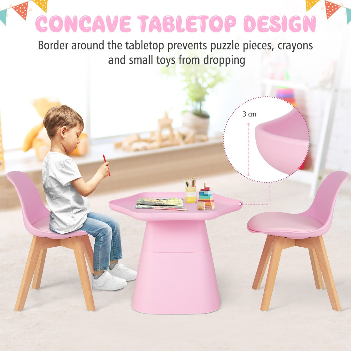 LIVSK Bloemvormige Kindertafel en Stoelenset - Ergonomische Stoelen - Hol Dienblad - Duurzaam Beukenhout - Voor 3-8 jaar - Roze