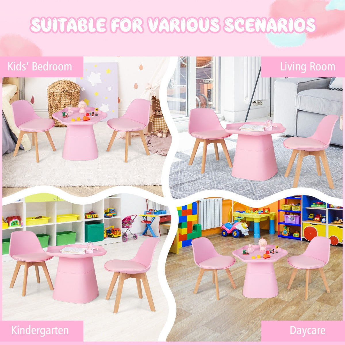 LIVSK Bloemvormige Kindertafel en Stoelenset - Ergonomische Stoelen - Hol Dienblad - Duurzaam Beukenhout - Voor 3-8 jaar - Roze