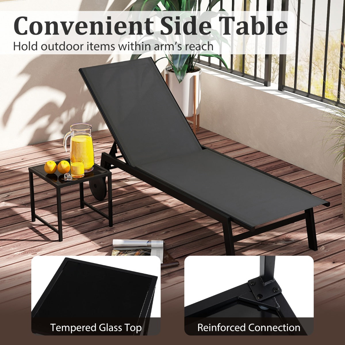 Livsk costway set van twee ademende terrasligstoelen met bijzettafel van gehard glas grijs 5