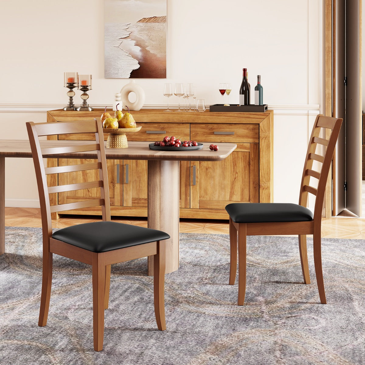 LIVSK Set van 2 Eetkamerstoelen - Ergonomisch Ontwerp met Zachte Kussens - Stabiel Houten Frame - Tot 150 kg - Beige/Zwart