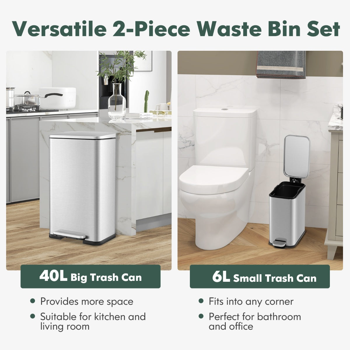 LIVSK Set van Twee Roestvrijstalen Afvalemmers 40L en 6L - Vingerafdrukbestendig - Soft-Close - Uitneembare Binnenemmers - Zilver