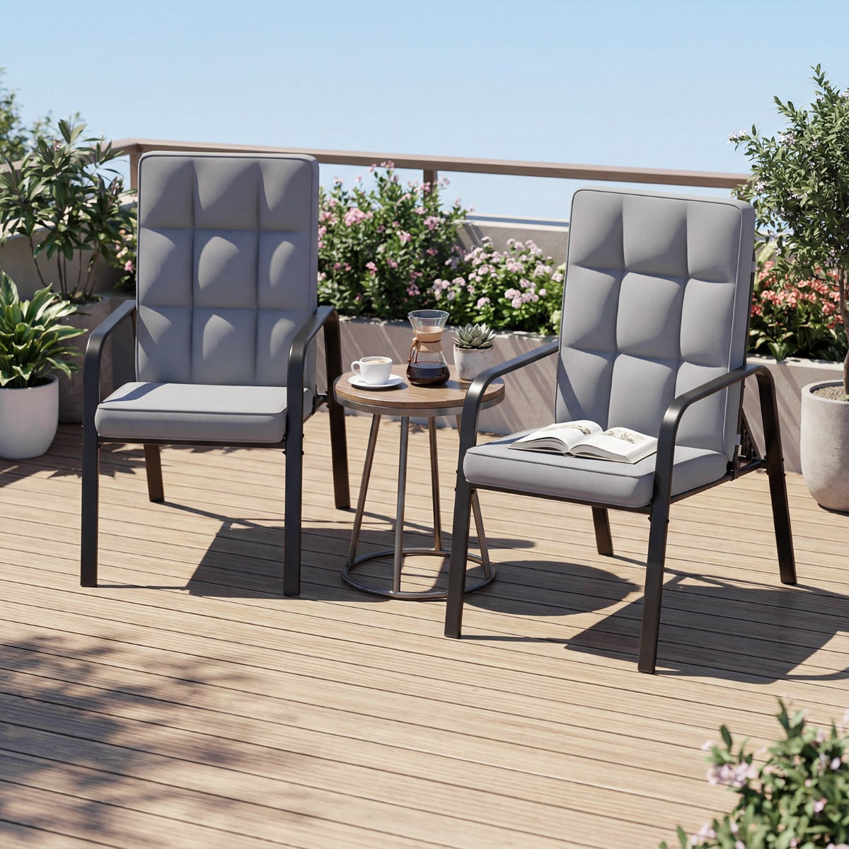 Livsk costway set van twee terrasstoelen met verstelbare rugleuningen voorzien van afneembare kussens en metalen armleuningen
