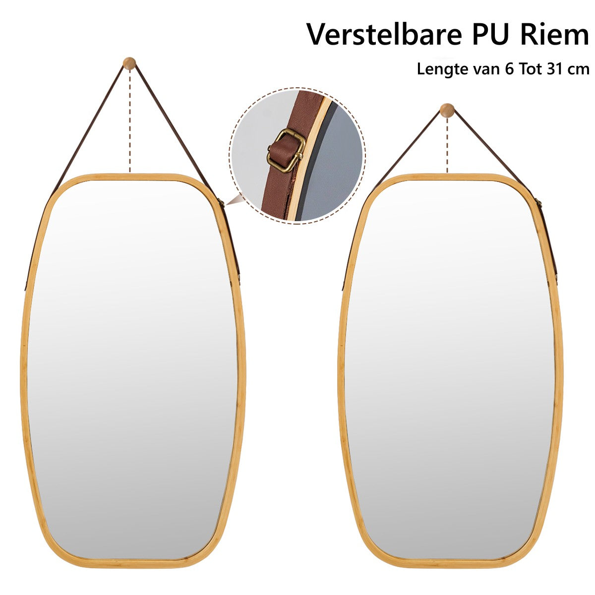 LIVSK Wandspiegel met Bamboeframe - Verstelbare Leren Riem - Heldere Reflectie - 77 x 44 x 1,5 cm - Natuurlijk bamboe