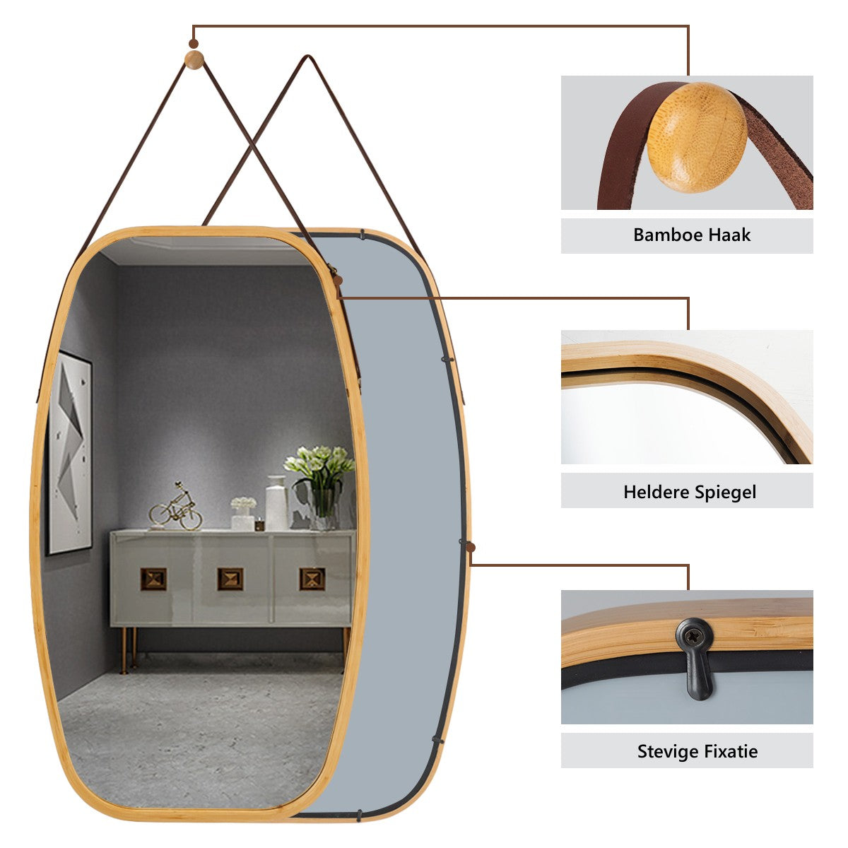 LIVSK Wandspiegel met Bamboeframe - Verstelbare Leren Riem - Heldere Reflectie - 77 x 44 x 1,5 cm - Natuurlijk bamboe