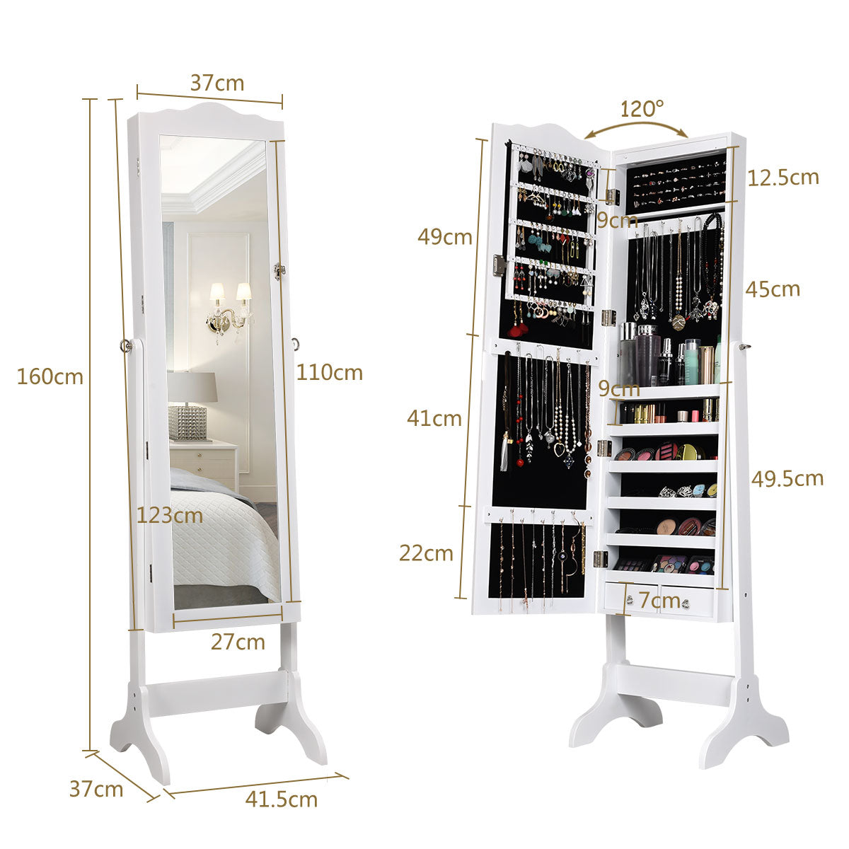 LIVSK Sieradenkast met Spiegel - Afsluitbaar - 14 LED-lampen - Grote Opbergruimte - 41,5 x 37 x 160 cm - Wit