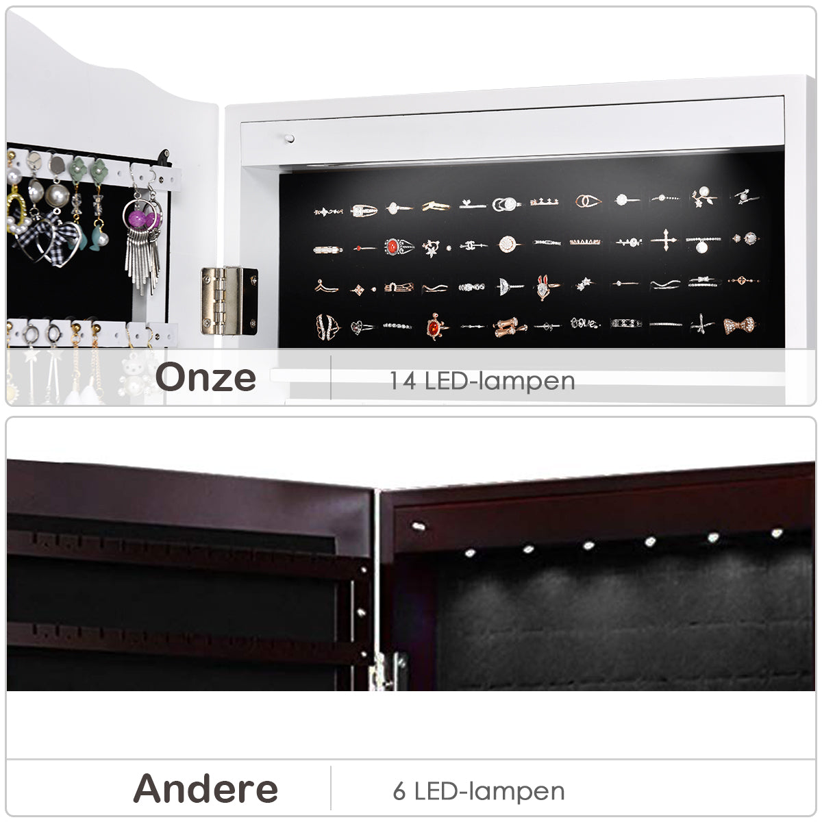 LIVSK Sieradenkast met Spiegel - Afsluitbaar - 14 LED-lampen - Grote Opbergruimte - 41,5 x 37 x 160 cm - Wit