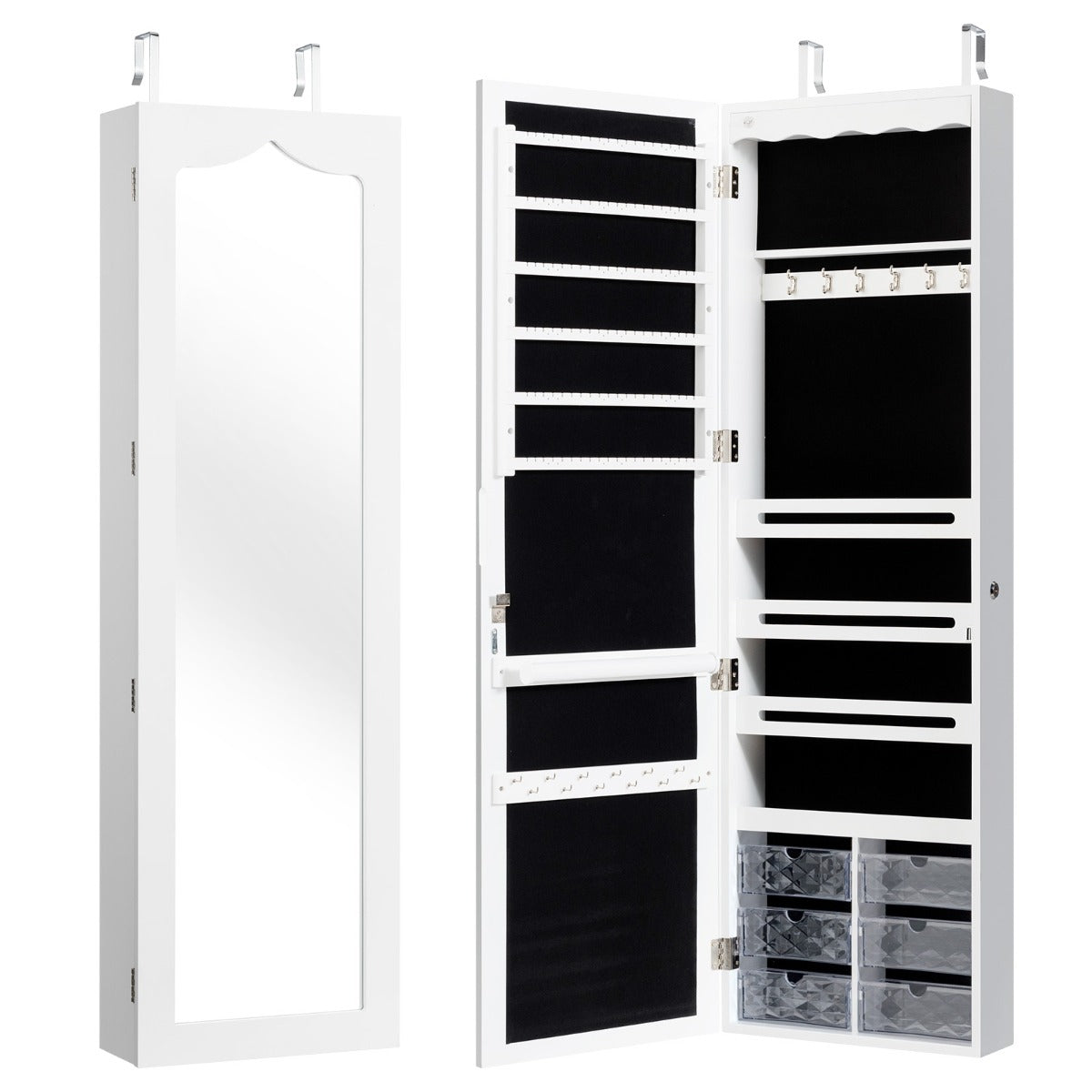 LIVSK Sieradenkast - Deurgemonteerd met Spiegel en LED-verlichting - Ruime Opbergruimte - Veilig met Slot - 36,5 x 11,5 x 120 cm