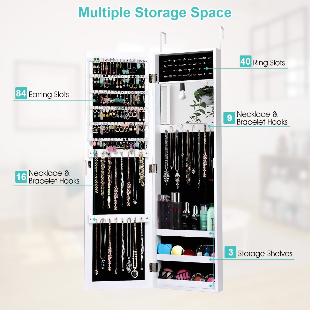 LIVSK Sieradenkast met Full-Body Spiegel - 6 Planken - 25 Haken - 40 Ringsleuven - Wand-/Deurmontage - Wit