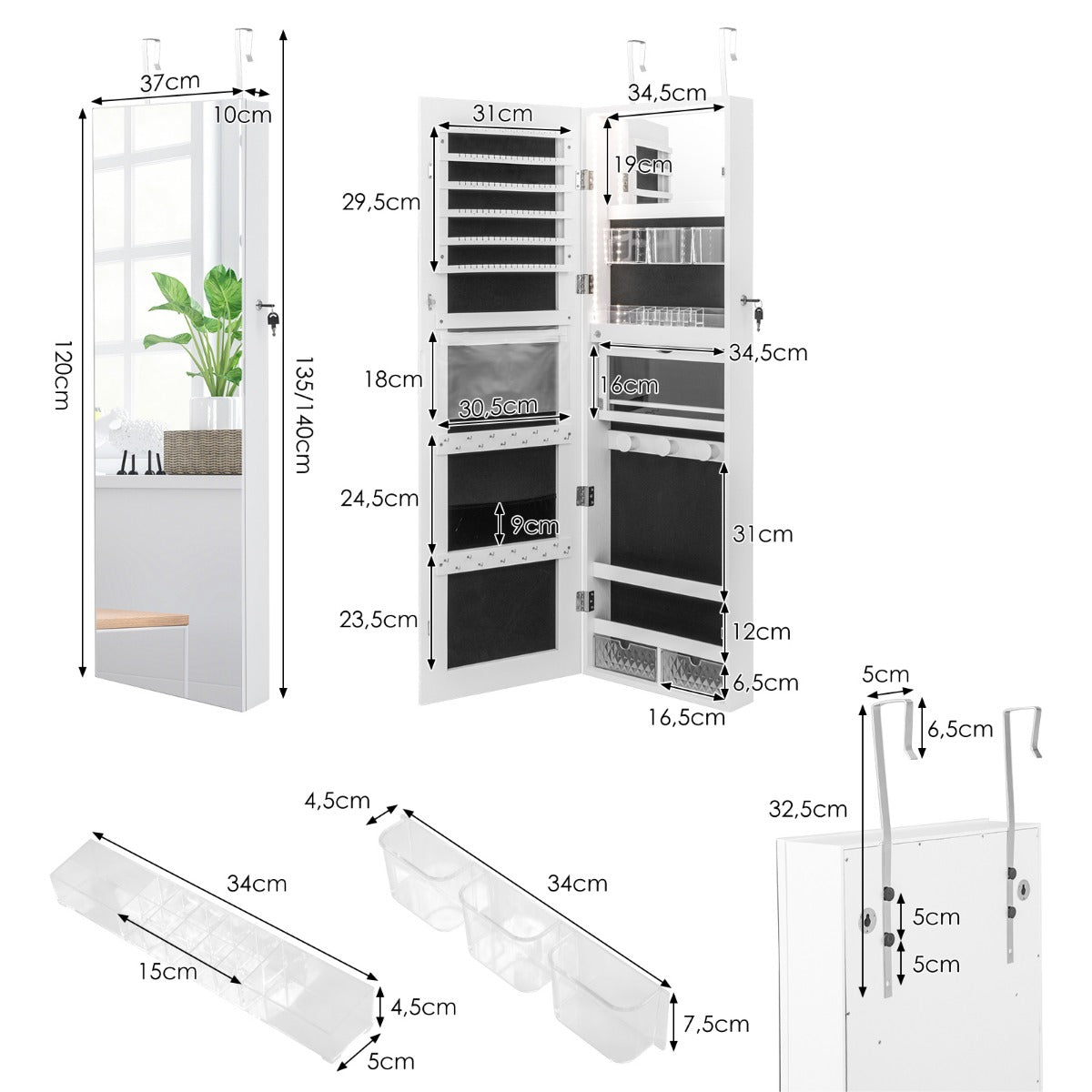 Livsk costway sieradenkast met full body spiegel ingebouwde make upspiegel 3 kleurige ledlampen sieradenspiegelkast voor ringen oorbellen wit 2