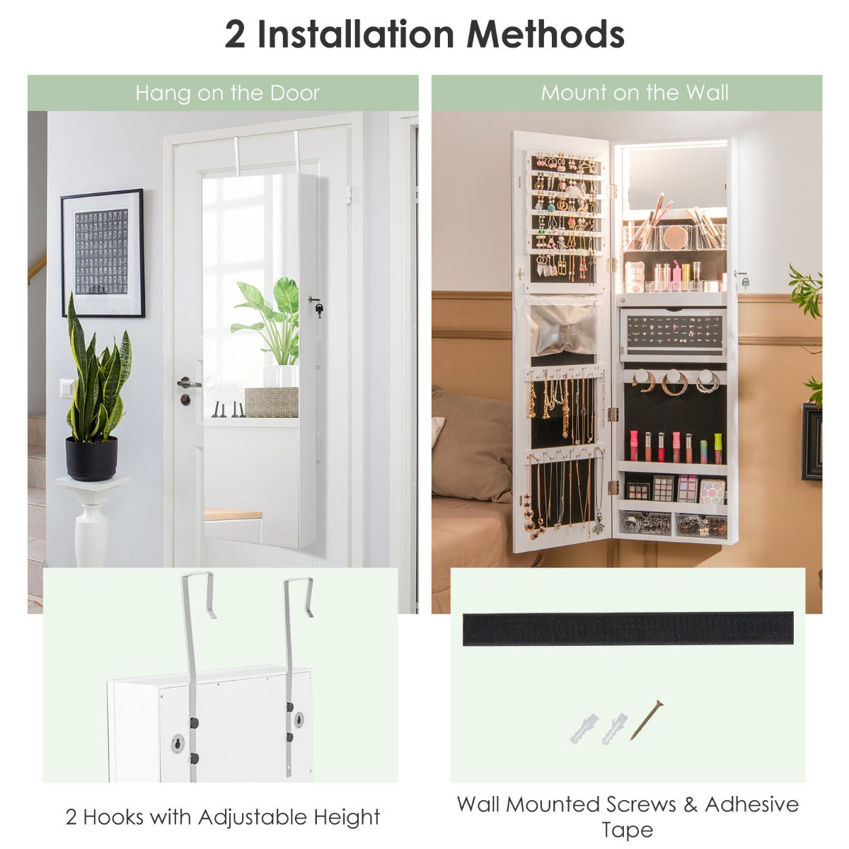 Livsk costway sieradenkast met full body spiegel ingebouwde make upspiegel 3 kleurige ledlampen sieradenspiegelkast voor ringen oorbellen wit 5