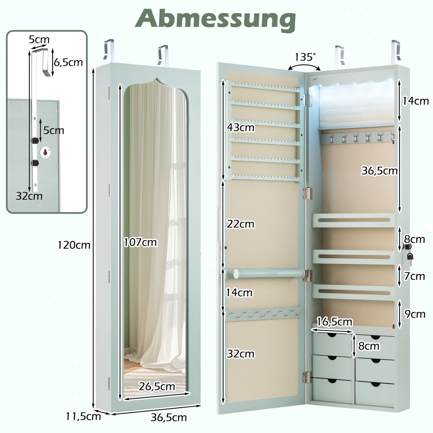 LIVSK Sieradenkast met Spiegel - Hoogwaardig MDF - LED Verlichting - 6 Laden en Haken - Ruimtebesparend - Groen