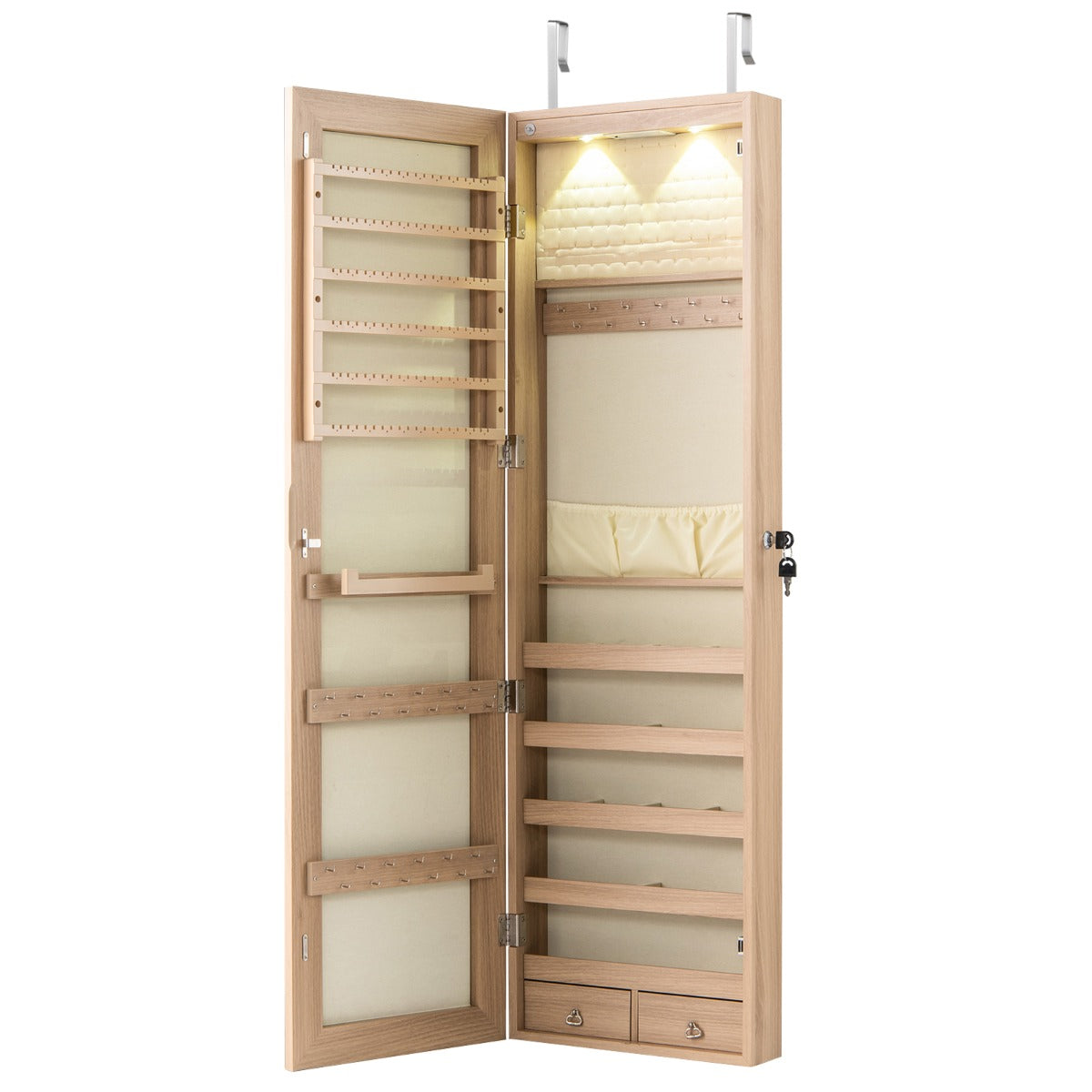 LIVSK Sieradenkast met Spiegel en LED Verlichting - Afsluitbaar - Diverse Haakrails - Zwart Fluwelen Interieur - Beige